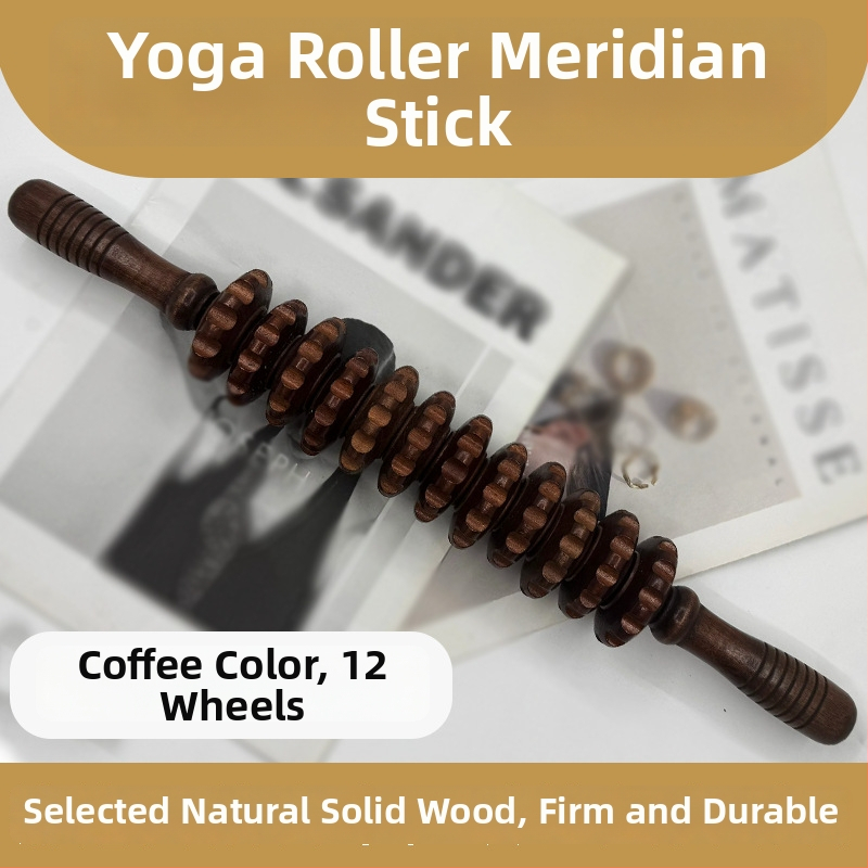Medinė masažo lazdelė jogai ir pilvo masažai su devyniais ir dvylika ratukų (svoris 221,7 g)