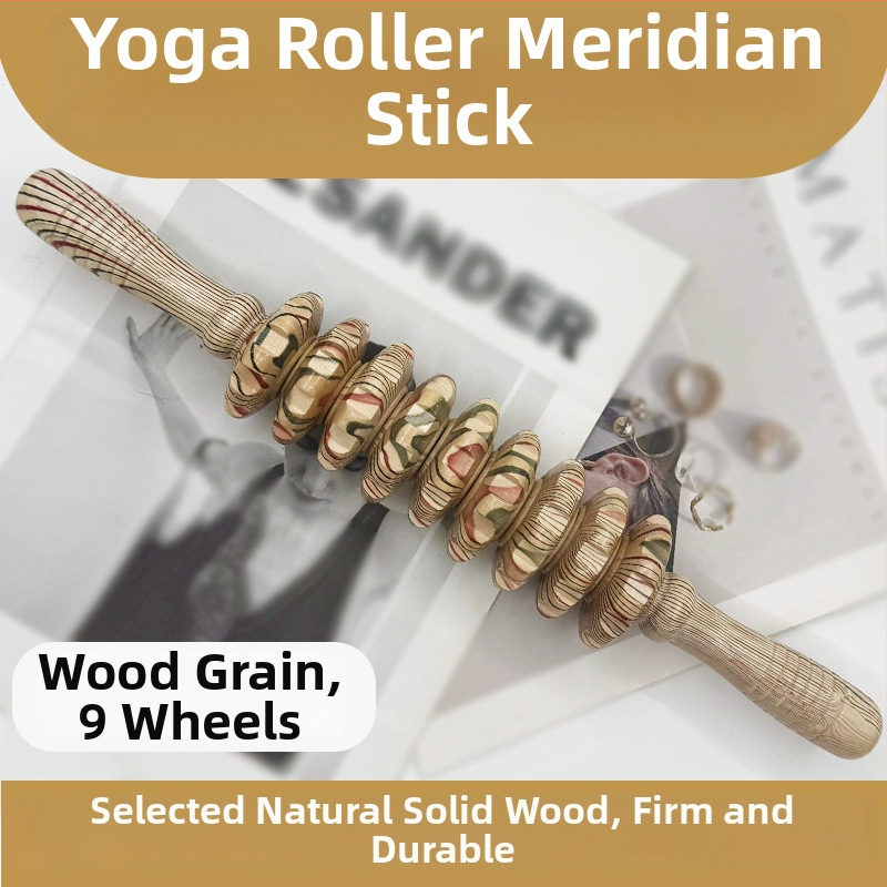 Medinė masažo lazdelė jogai ir pilvo masažai su devyniais ir dvylika ratukų (svoris 221,7 g)
