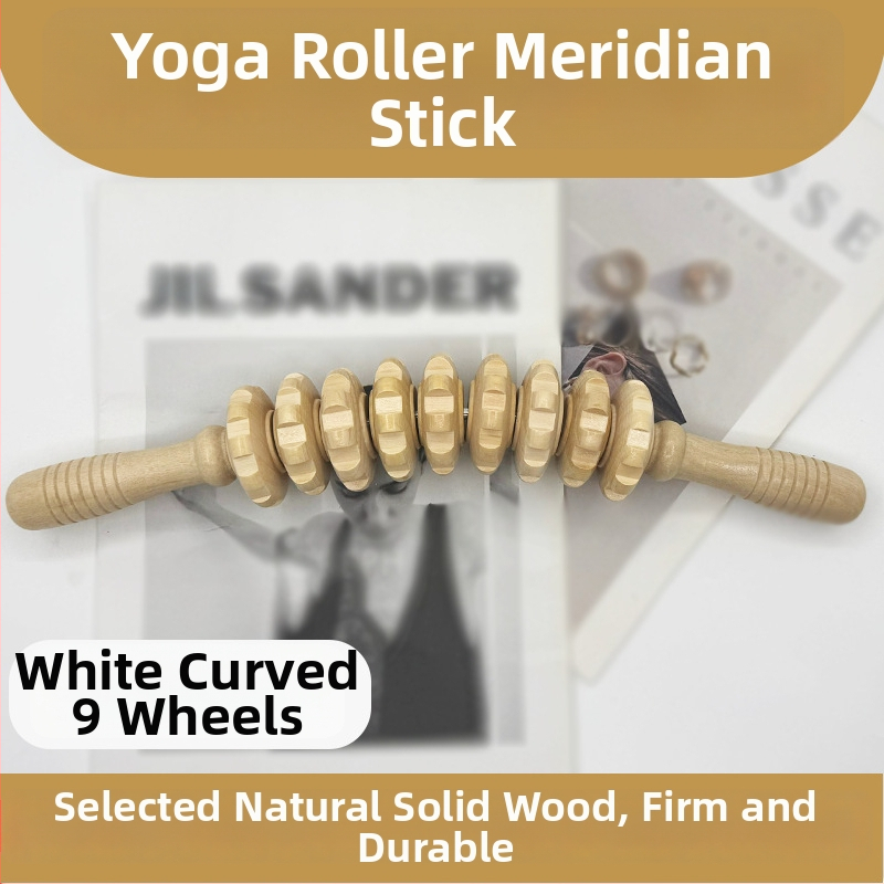 Medinė masažo lazdelė jogai ir pilvo masažai su devyniais ir dvylika ratukų (svoris 221,7 g)