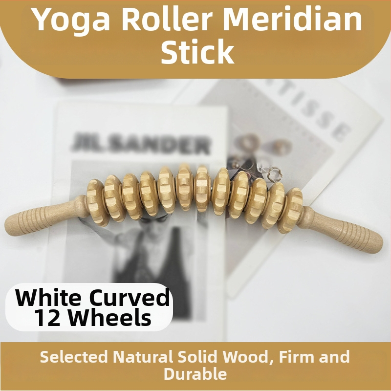 Medinė masažo lazdelė jogai ir pilvo masažai su devyniais ir dvylika ratukų (svoris 221,7 g)