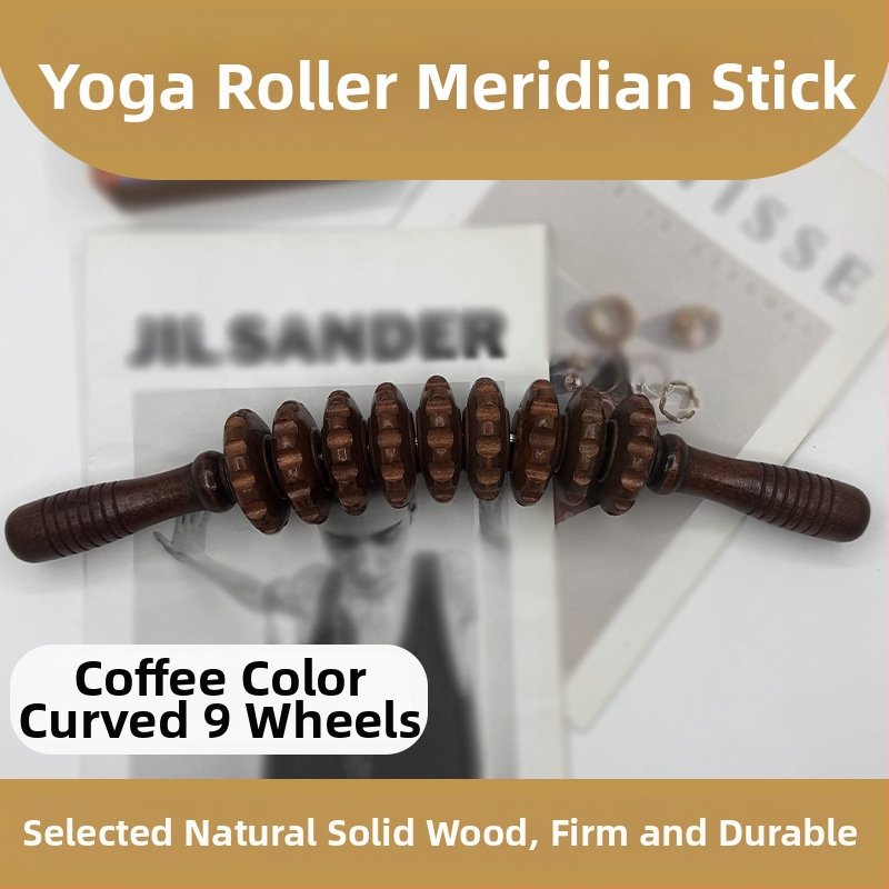Medinė masažo lazdelė jogai ir pilvo masažai su devyniais ir dvylika ratukų (svoris 221,7 g)