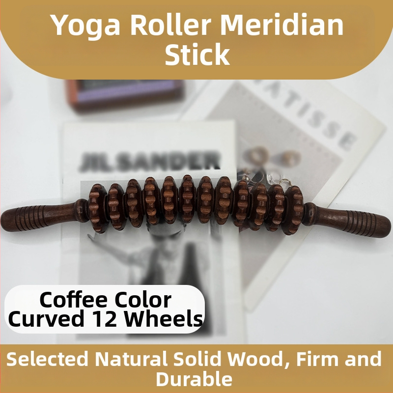 Medinė masažo lazdelė jogai ir pilvo masažai su devyniais ir dvylika ratukų (svoris 221,7 g)