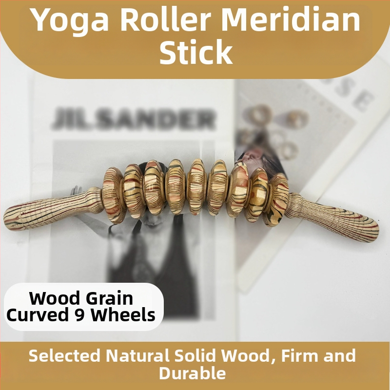 Medinė masažo lazdelė jogai ir pilvo masažai su devyniais ir dvylika ratukų (svoris 221,7 g)