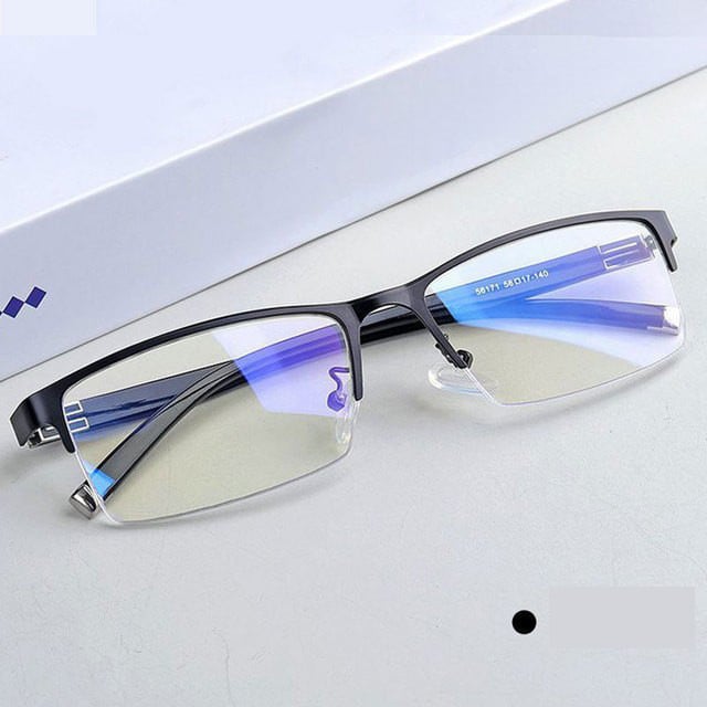 Vyriški dalykinio stiliaus akiniai su dioptrijomis, pusiau be rėmelio, su apsauga nuo mėlynos šviesos, plokščiais lęšiais 50–600 laipsnių kampu, aukštos klasės rėmeliai.