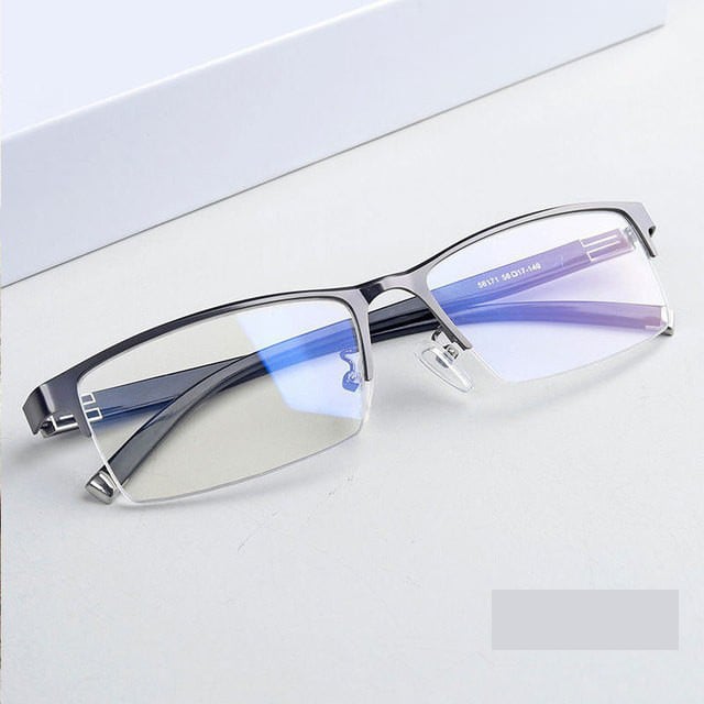 Vyriški dalykinio stiliaus akiniai su dioptrijomis, pusiau be rėmelio, su apsauga nuo mėlynos šviesos, plokščiais lęšiais 50–600 laipsnių kampu, aukštos klasės rėmeliai.