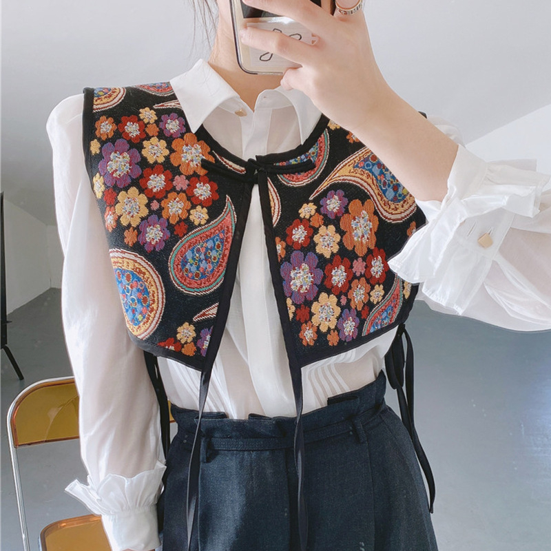 Унисекс бродиран шал-вест – полиестер, винтидж етничен стил, флорална шарка, зима/пролет/есен