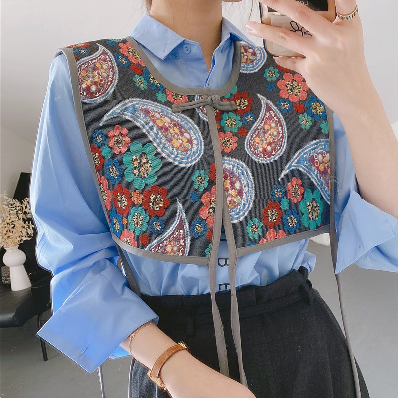 Унисекс бродиран шал-вест – полиестер, винтидж етничен стил, флорална шарка, зима/пролет/есен