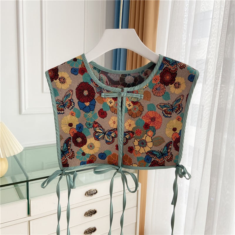 Унисекс бродиран шал-вест – полиестер, винтидж етничен стил, флорална шарка, зима/пролет/есен