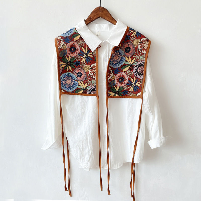 Унисекс бродиран шал-вест – полиестер, винтидж етничен стил, флорална шарка, зима/пролет/есен