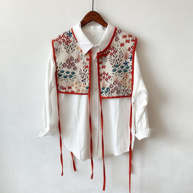 Унисекс бродиран шал-вест – полиестер, винтидж етничен стил, флорална шарка, зима/пролет/есен