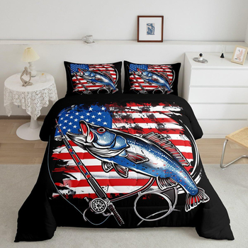 Háromrészes quilt készlet - Bass horgászat téma, egész éves használatra, Anyag: kémiai rost, Töltet: hagyományos rost, Súly: 1.0–1.5 kg