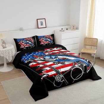 Háromrészes quilt készlet - Bass horgászat téma, egész éves használatra, Anyag: kémiai rost, Töltet: hagyományos rost, Súly: 1.0–1.5 kg