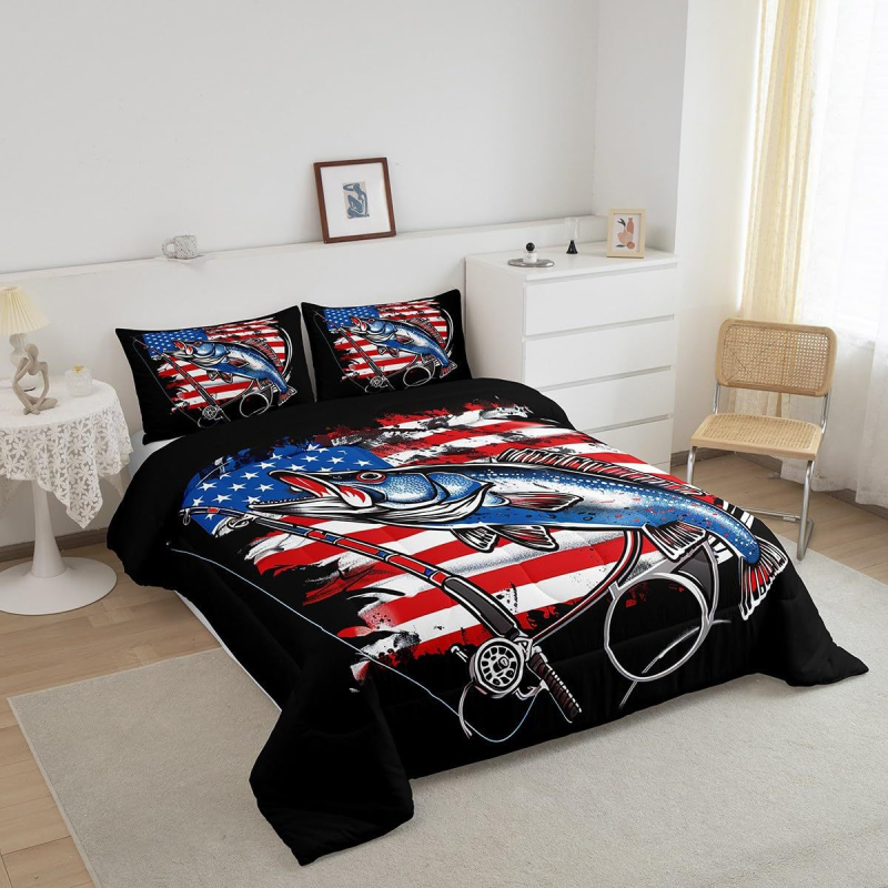 Háromrészes quilt készlet - Bass horgászat téma, egész éves használatra, Anyag: kémiai rost, Töltet: hagyományos rost, Súly: 1.0–1.5 kg