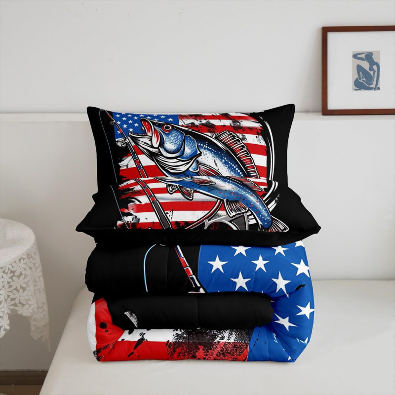 Háromrészes quilt készlet - Bass horgászat téma, egész éves használatra, Anyag: kémiai rost, Töltet: hagyományos rost, Súly: 1.0–1.5 kg