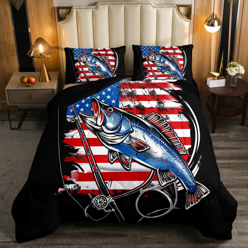 Háromrészes quilt készlet - Bass horgászat téma, egész éves használatra, Anyag: kémiai rost, Töltet: hagyományos rost, Súly: 1.0–1.5 kg