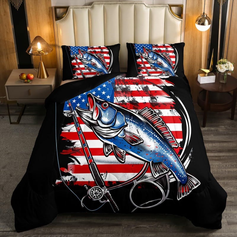 Háromrészes quilt készlet - Bass horgászat téma, egész éves használatra, Anyag: kémiai rost, Töltet: hagyományos rost, Súly: 1.0–1.5 kg