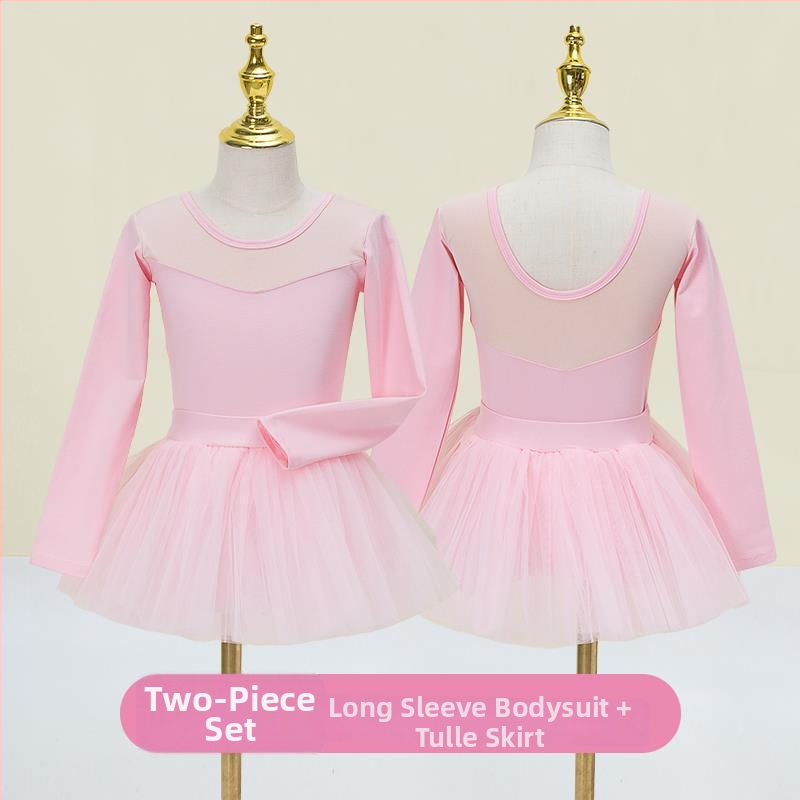 Vaikų baleto komplektas su ilgomis rankovėmis ir gauzės sijonu; audinys: 94% medvilnė + 6% elastanas; tinkamas mergaitėms iki 17 metų; scenos kostiumas