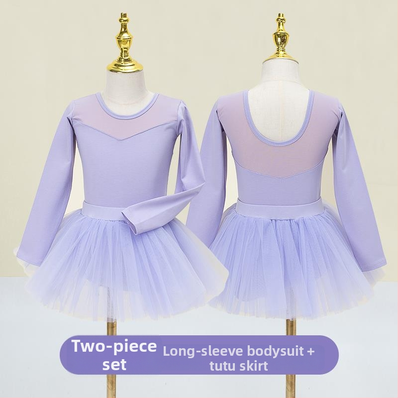 Vaikų baleto komplektas su ilgomis rankovėmis ir gauzės sijonu; audinys: 94% medvilnė + 6% elastanas; tinkamas mergaitėms iki 17 metų; scenos kostiumas