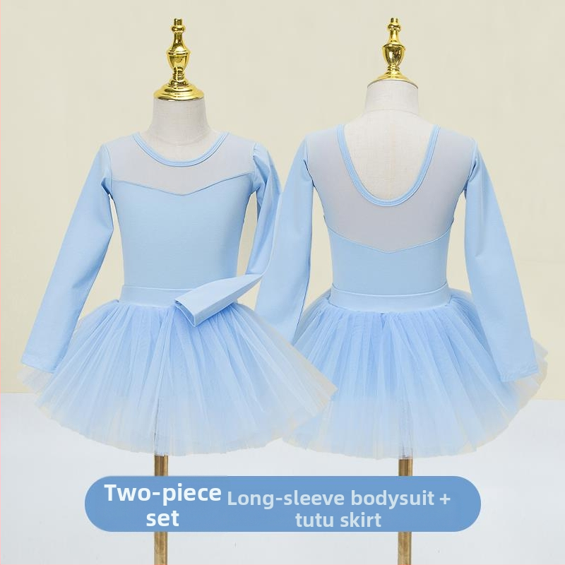 Vaikų baleto komplektas su ilgomis rankovėmis ir gauzės sijonu; audinys: 94% medvilnė + 6% elastanas; tinkamas mergaitėms iki 17 metų; scenos kostiumas