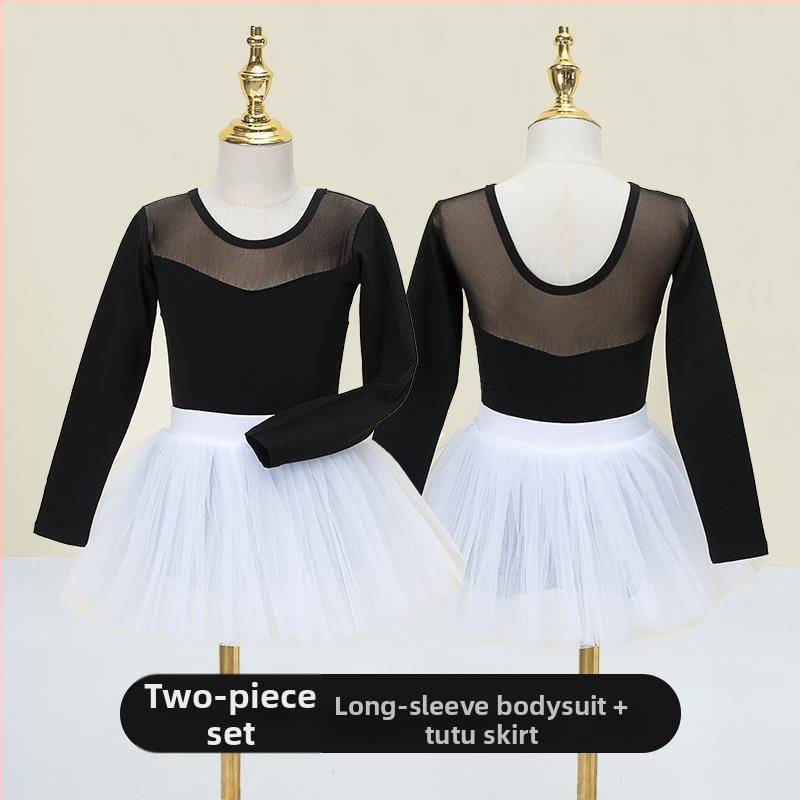 Vaikų baleto komplektas su ilgomis rankovėmis ir gauzės sijonu; audinys: 94% medvilnė + 6% elastanas; tinkamas mergaitėms iki 17 metų; scenos kostiumas