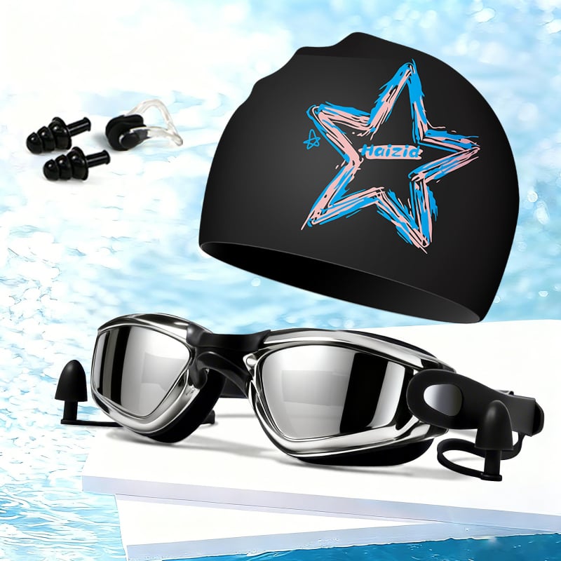 Silikona peldēšanas cepure un brilles komplekts pieaugušajiem, Haizid, drukāts raksts, peldēšanai un ūdenssportiem