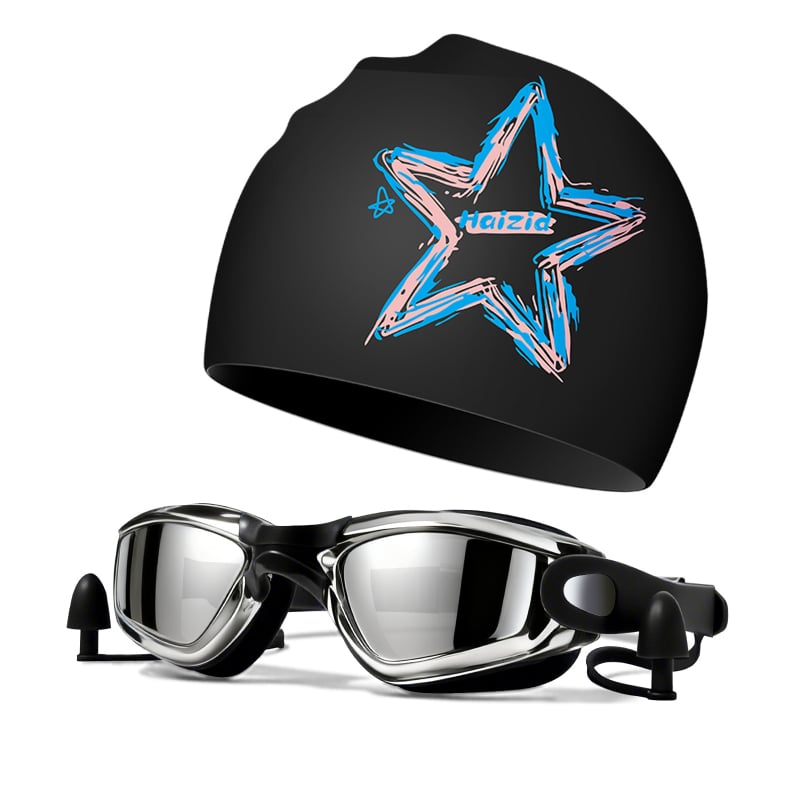 Silikona peldēšanas cepure un brilles komplekts pieaugušajiem, Haizid, drukāts raksts, peldēšanai un ūdenssportiem