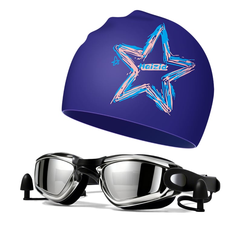 Silikona peldēšanas cepure un brilles komplekts pieaugušajiem, Haizid, drukāts raksts, peldēšanai un ūdenssportiem