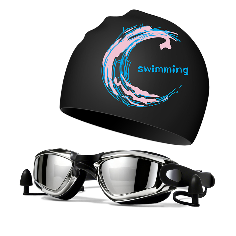Silikona peldēšanas cepure un brilles komplekts pieaugušajiem, Haizid, drukāts raksts, peldēšanai un ūdenssportiem