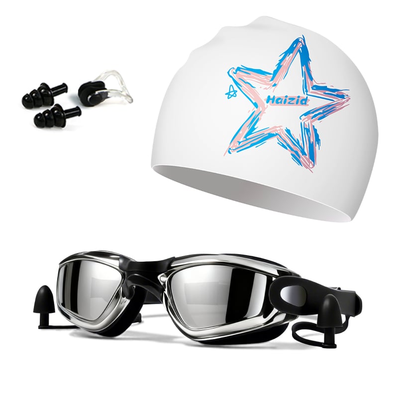 Silikona peldēšanas cepure un brilles komplekts pieaugušajiem, Haizid, drukāts raksts, peldēšanai un ūdenssportiem