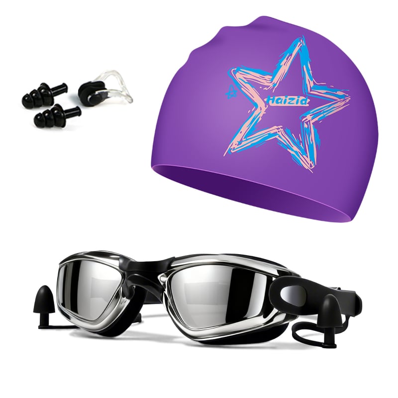 Silikona peldēšanas cepure un brilles komplekts pieaugušajiem, Haizid, drukāts raksts, peldēšanai un ūdenssportiem