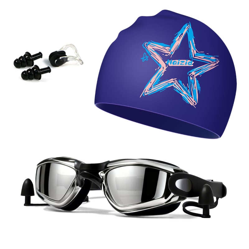 Silikona peldēšanas cepure un brilles komplekts pieaugušajiem, Haizid, drukāts raksts, peldēšanai un ūdenssportiem