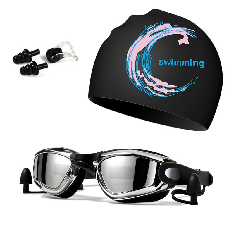 Silikona peldēšanas cepure un brilles komplekts pieaugušajiem, Haizid, drukāts raksts, peldēšanai un ūdenssportiem