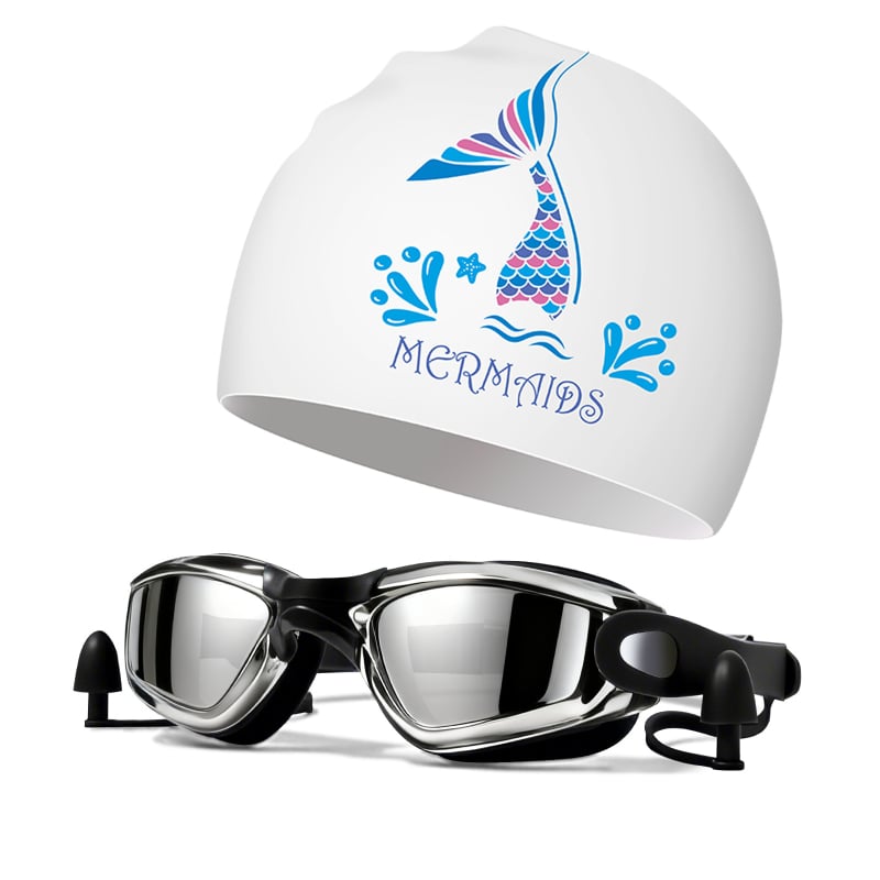 Silikona peldēšanas cepure un brilles komplekts pieaugušajiem, Haizid, drukāts raksts, peldēšanai un ūdenssportiem