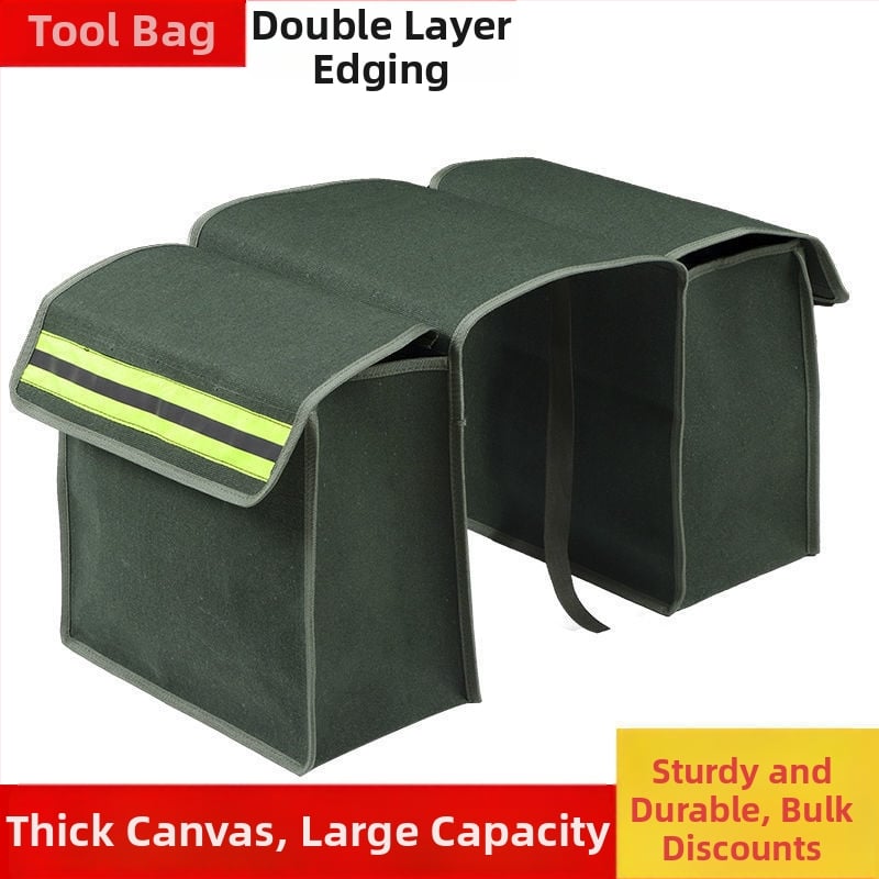 Motociklo sėdynių krepšiai iš storesnio drobinio audinio, abiem šonais, užpakaliniam sėdmeniui – įrankių dėžė