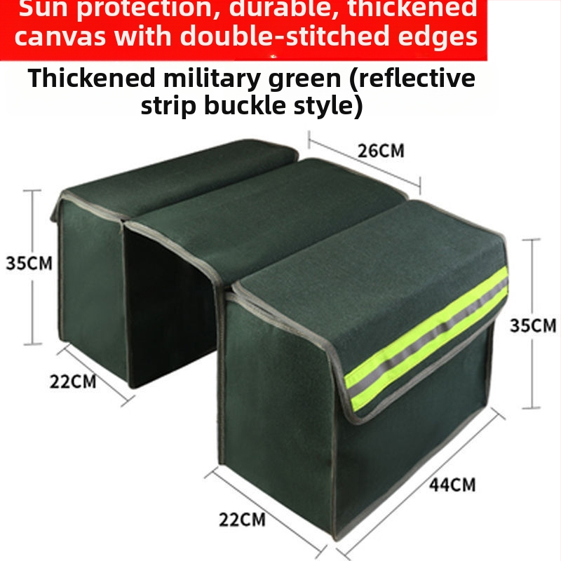 Motociklo sėdynių krepšiai iš storesnio drobinio audinio, abiem šonais, užpakaliniam sėdmeniui – įrankių dėžė