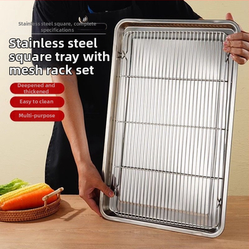 Komercinis nerūdijančio plieno kvadratinis padėklas su tinkleliu aliejaus kontrolei, filtravimo talpa vandens ir aliejui, maisto demonstravimui, kepimui ir prieskoniams