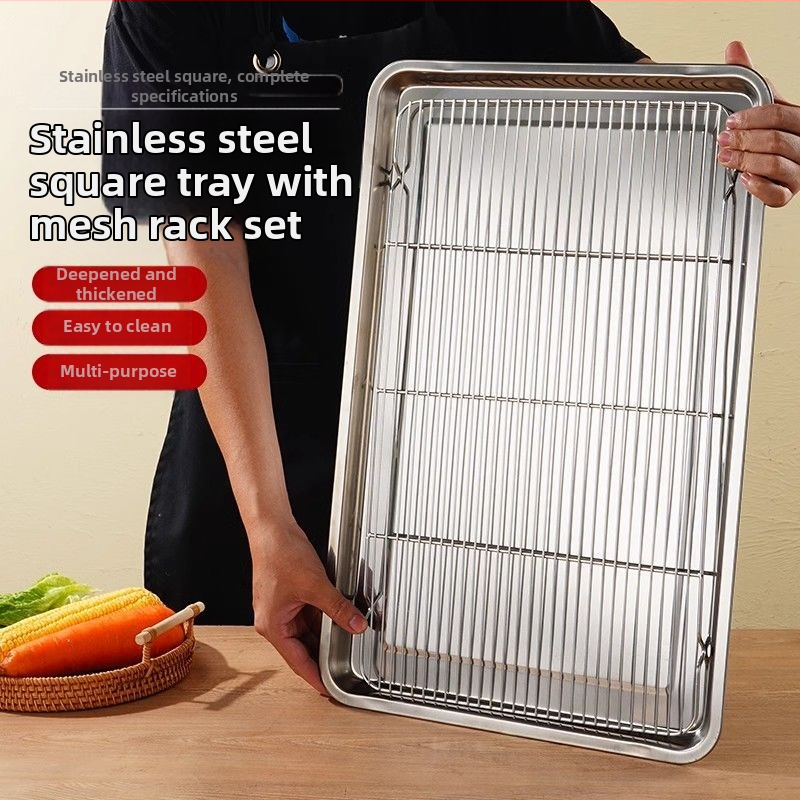 Obchodný štvorcový tanier z nehrdzavejúcej ocele so sieťovým systémom na riadenie oleja, nádoba na filtráciu vody a oleja, stojan na predvedenie jedla, na pečenie a korenie