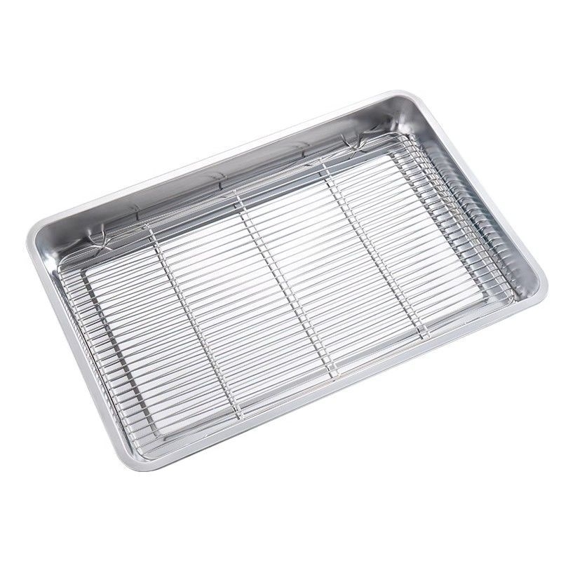 Komercinis nerūdijančio plieno kvadratinis padėklas su tinkleliu aliejaus kontrolei, filtravimo talpa vandens ir aliejui, maisto demonstravimui, kepimui ir prieskoniams