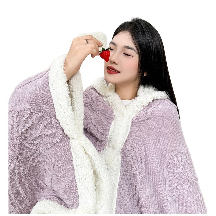 Kapuljača deka za ured – 300 g koralni fleece, geometrijski uzorak, 100% poliester, proljeće/jesen, s funkcijom skladištenja