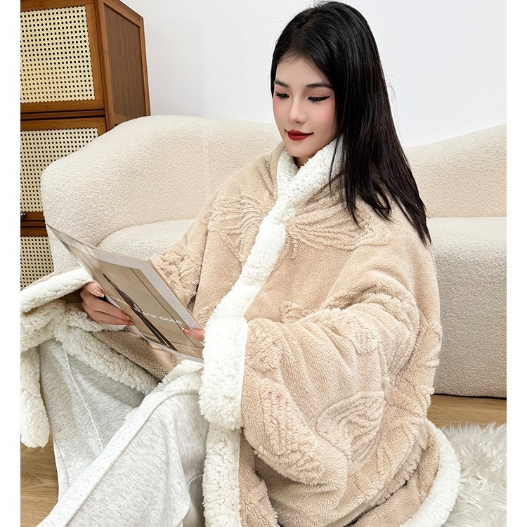 Kapuljača deka za ured – 300 g koralni fleece, geometrijski uzorak, 100% poliester, proljeće/jesen, s funkcijom skladištenja