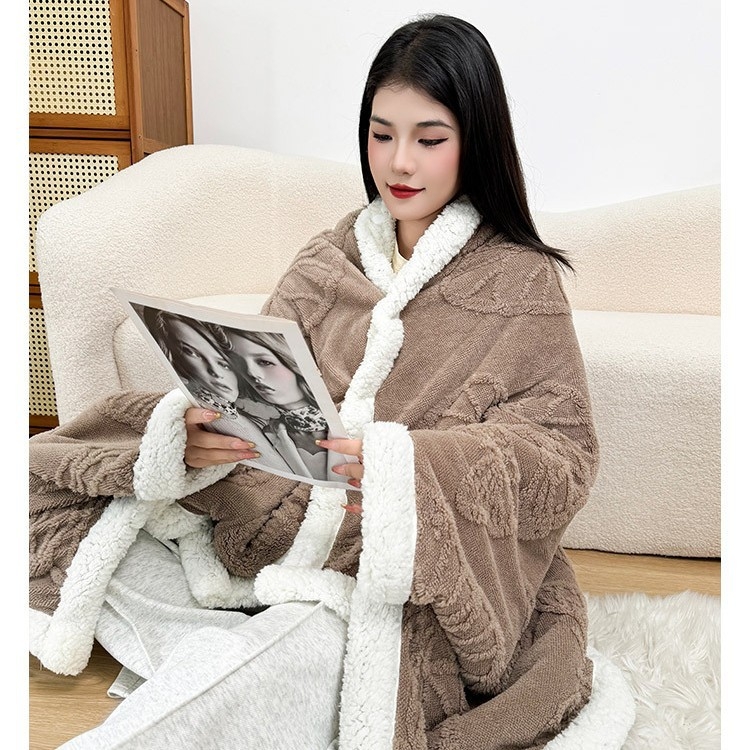 Kapuljača deka za ured – 300 g koralni fleece, geometrijski uzorak, 100% poliester, proljeće/jesen, s funkcijom skladištenja