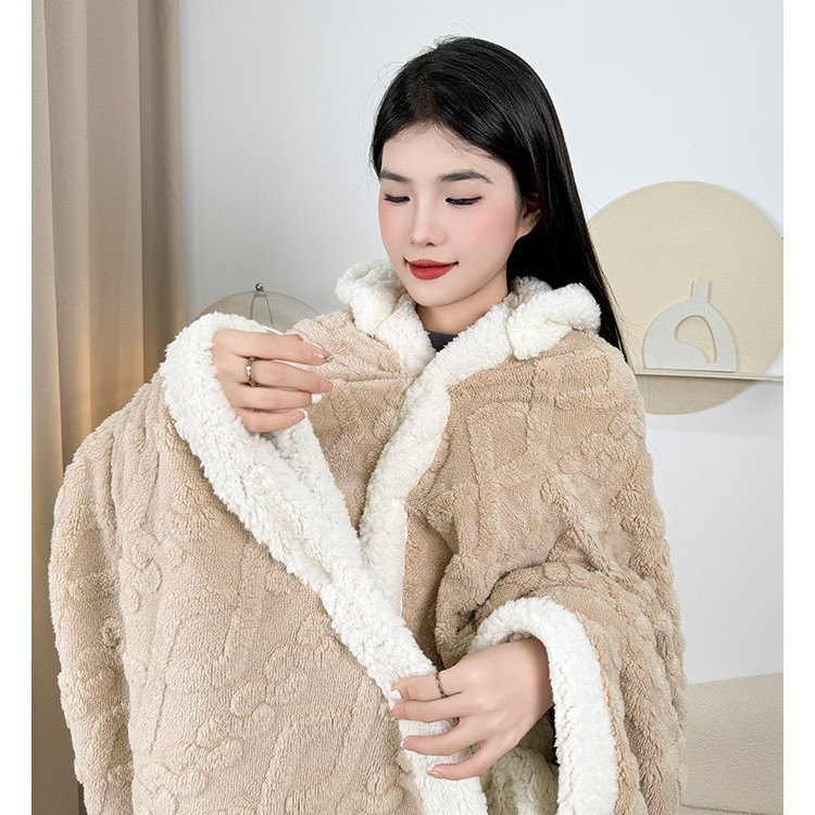Kapuljača deka za ured – 300 g koralni fleece, geometrijski uzorak, 100% poliester, proljeće/jesen, s funkcijom skladištenja