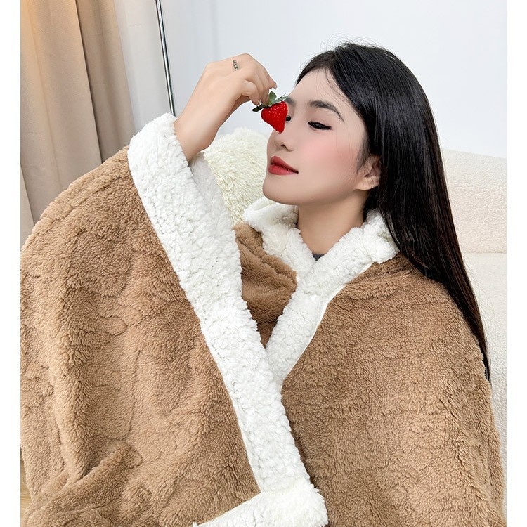 Kapuljača deka za ured – 300 g koralni fleece, geometrijski uzorak, 100% poliester, proljeće/jesen, s funkcijom skladištenja