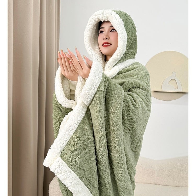 Kapuljača deka za ured – 300 g koralni fleece, geometrijski uzorak, 100% poliester, proljeće/jesen, s funkcijom skladištenja