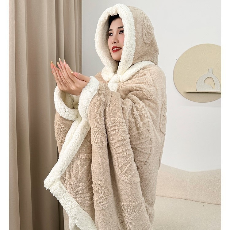 Kapuljača deka za ured – 300 g koralni fleece, geometrijski uzorak, 100% poliester, proljeće/jesen, s funkcijom skladištenja
