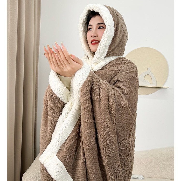 Kapuljača deka za ured – 300 g koralni fleece, geometrijski uzorak, 100% poliester, proljeće/jesen, s funkcijom skladištenja