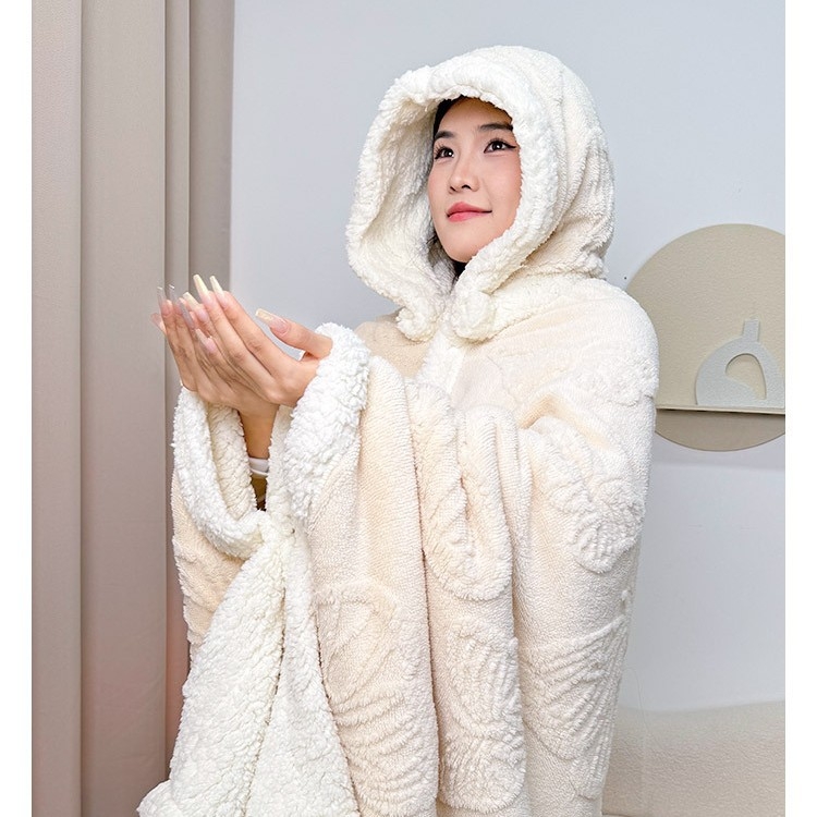 Kapuljača deka za ured – 300 g koralni fleece, geometrijski uzorak, 100% poliester, proljeće/jesen, s funkcijom skladištenja