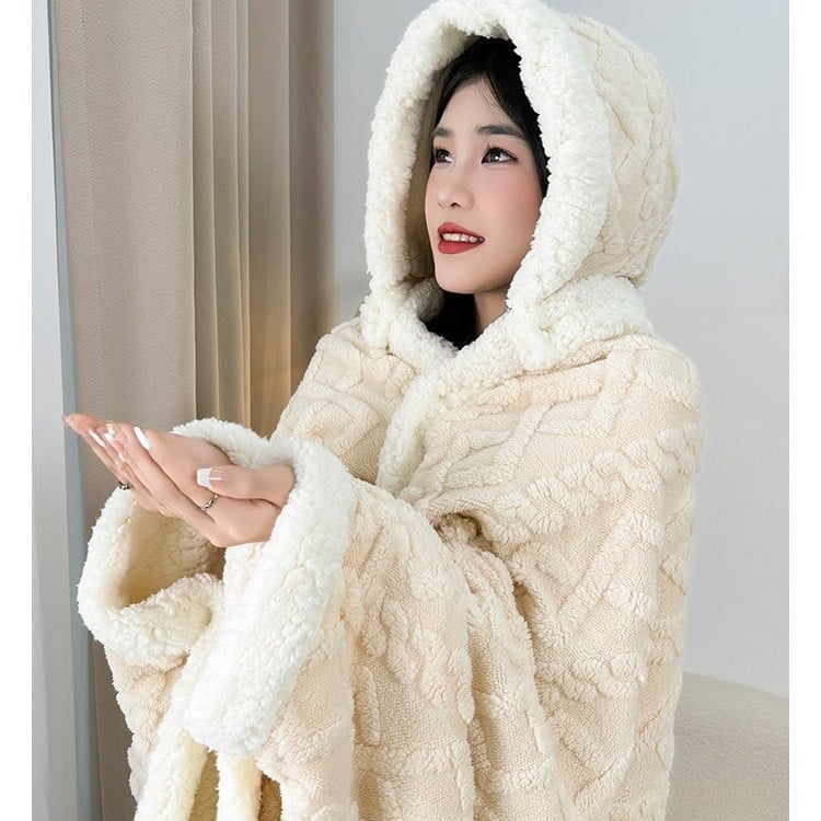 Kapuljača deka za ured – 300 g koralni fleece, geometrijski uzorak, 100% poliester, proljeće/jesen, s funkcijom skladištenja