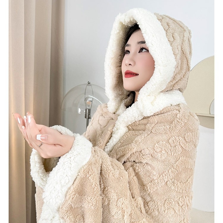 Kapuljača deka za ured – 300 g koralni fleece, geometrijski uzorak, 100% poliester, proljeće/jesen, s funkcijom skladištenja
