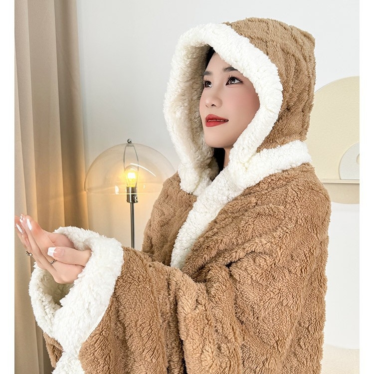 Kapuljača deka za ured – 300 g koralni fleece, geometrijski uzorak, 100% poliester, proljeće/jesen, s funkcijom skladištenja